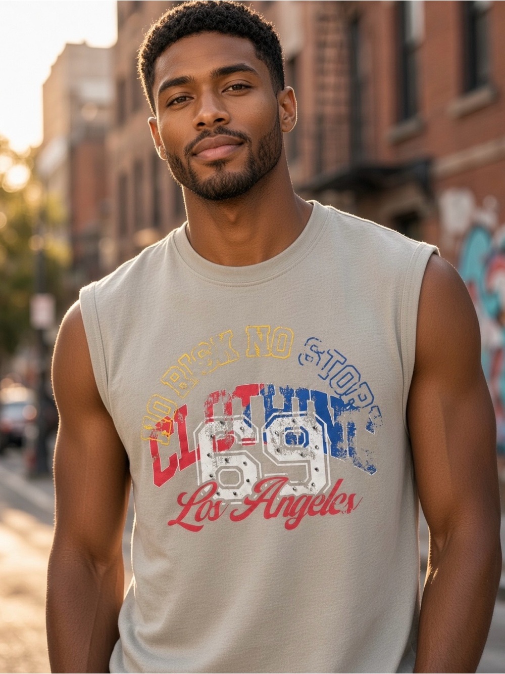 Sleeveless Graphic Tank Top - Light Beige Los Angeles Print